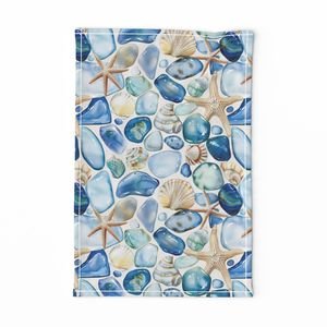 Blue and Sand Seashells and Shards of Tumbled and Scattered Watercolor Home Decor Collection Home Decor Collection blue and sand tea towel design