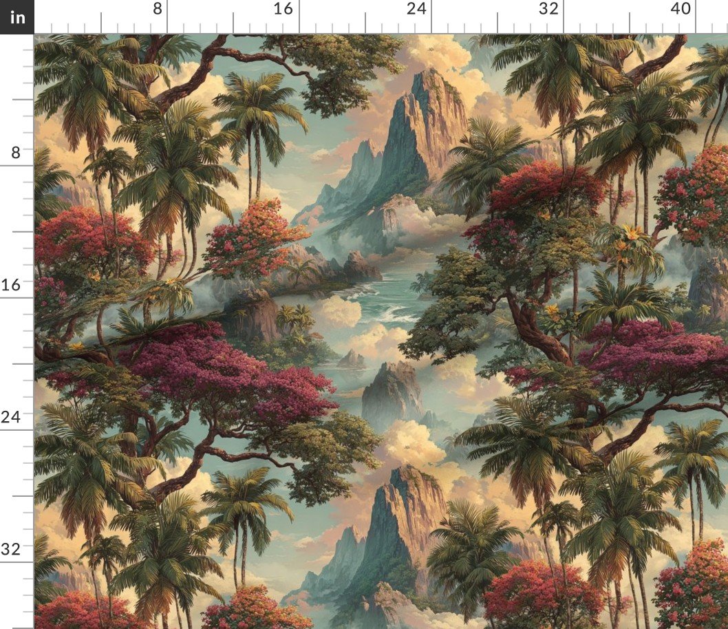 Vintage Hawaiian Watercolor Landscape with Misty Mountains and Palms Decor Collection Home Styling Collection exotic fabric