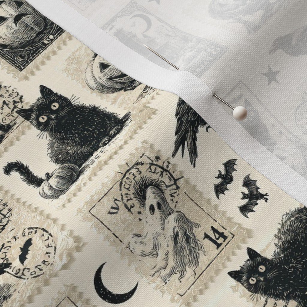 Vintage Halloween Postage Stamps with Black Cats and Pumpkins Design Collection Decor Collection crescent moon fabric