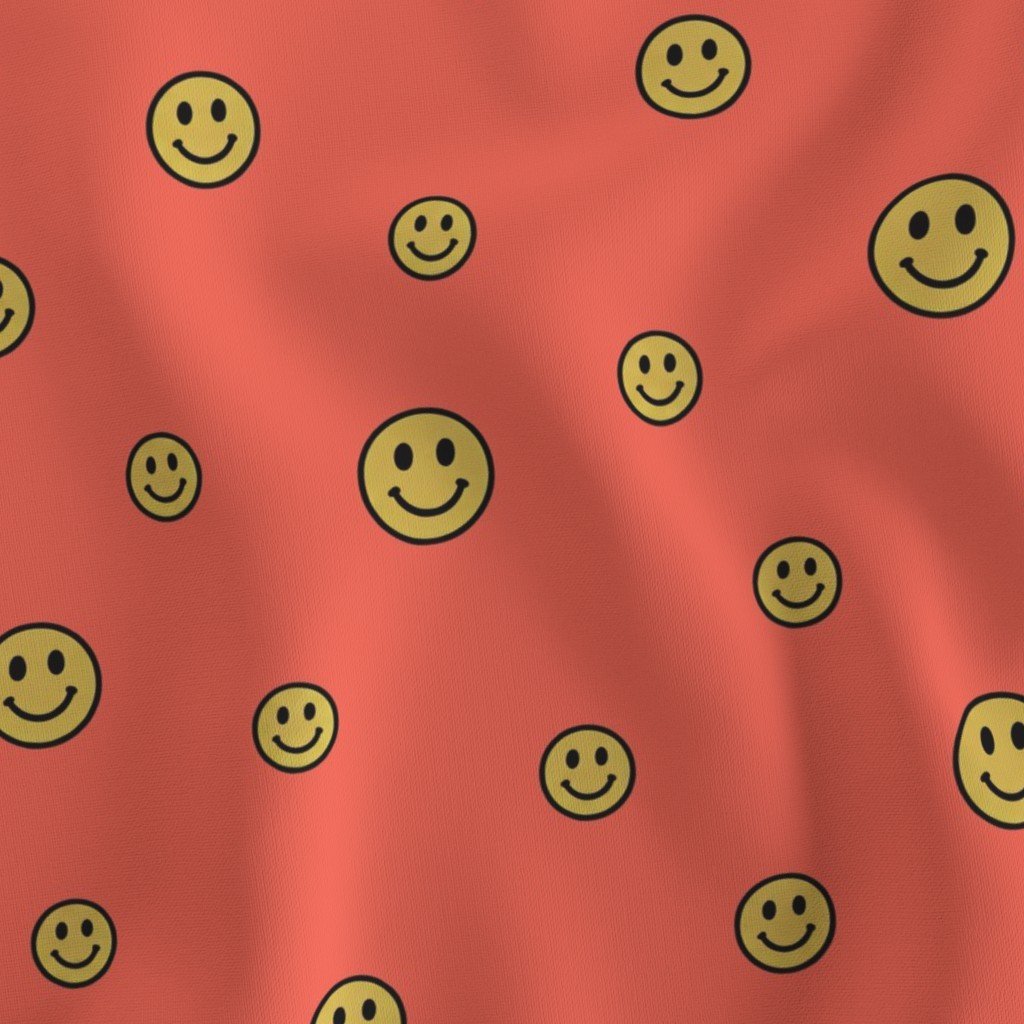 Retro Yellow Smiley Faces on Coral Decor Collection Design Collection dopamine decor fabric