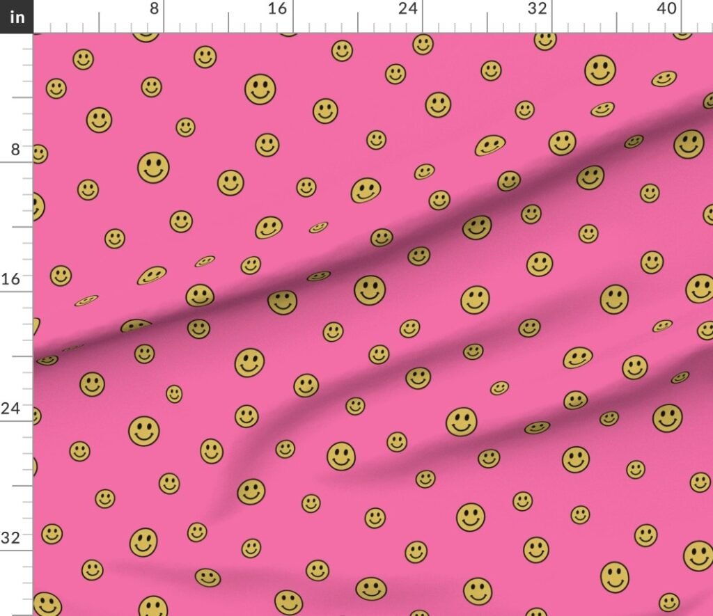 Retro Yellow Smiley Faces on Bubblegum Pink Fabric design