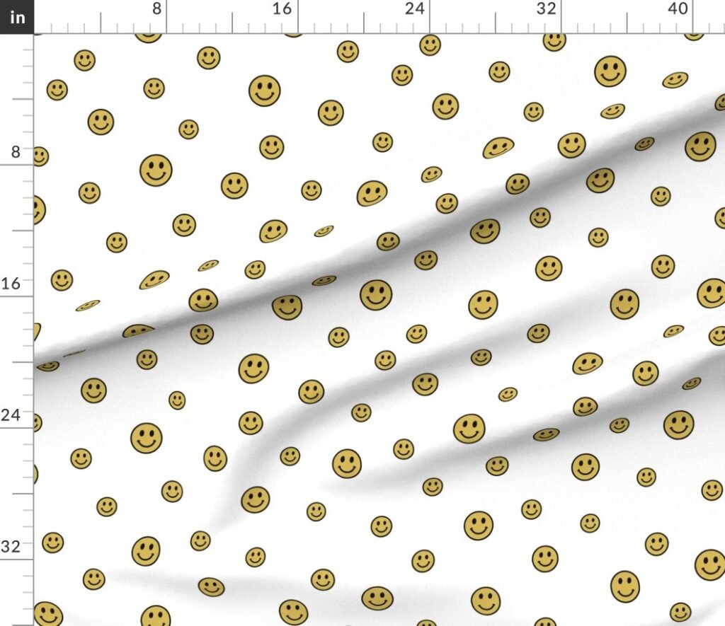 Retro Yellow Smiley Faces on White Fabric design