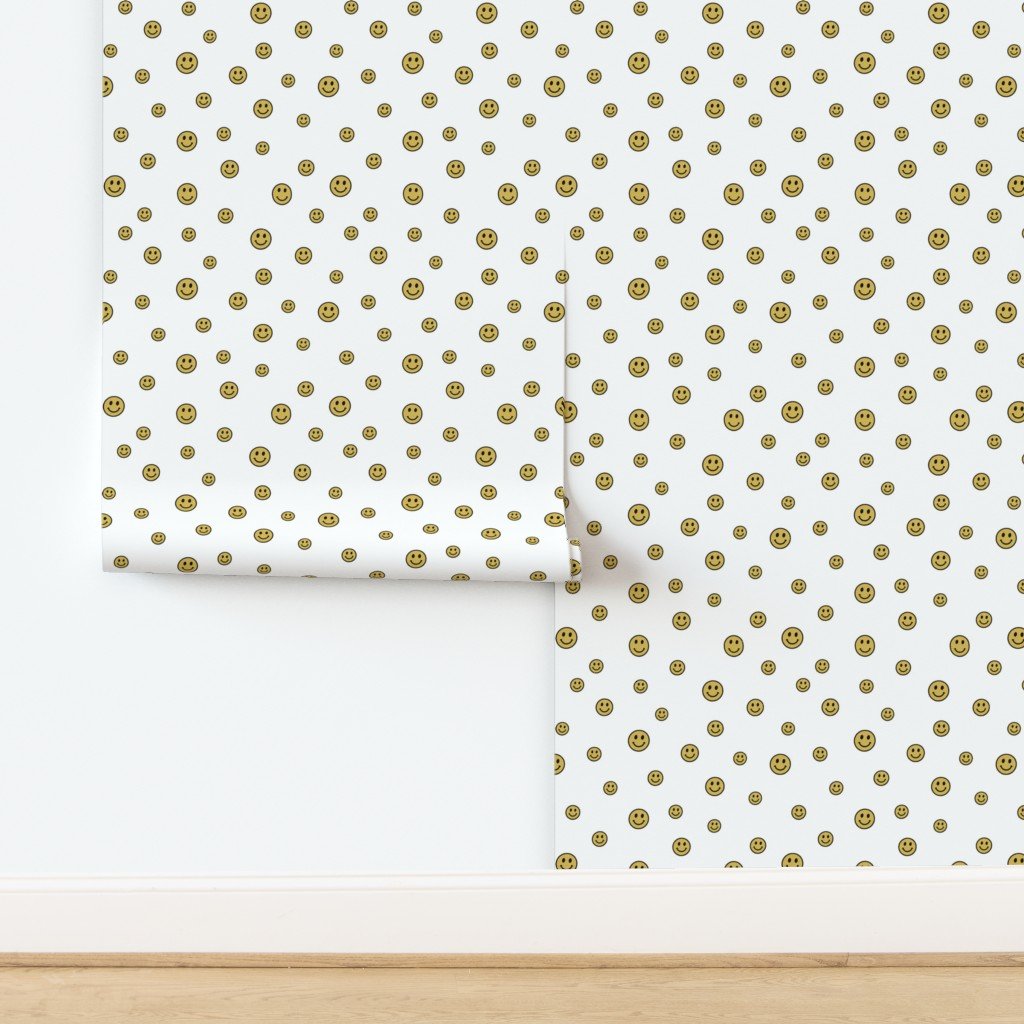 Retro Yellow Smiley Faces on White Wallpaper design