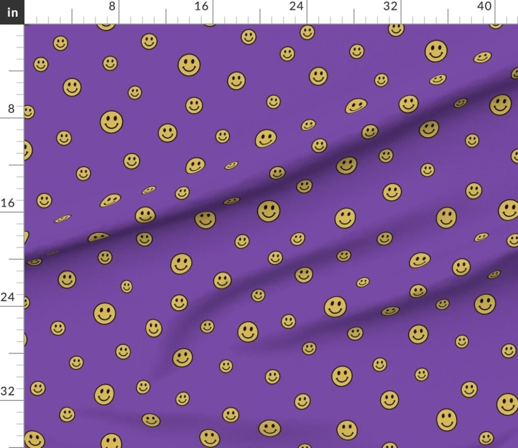 Retro Yellow Smiley Faces on Grape Purple Fabric design