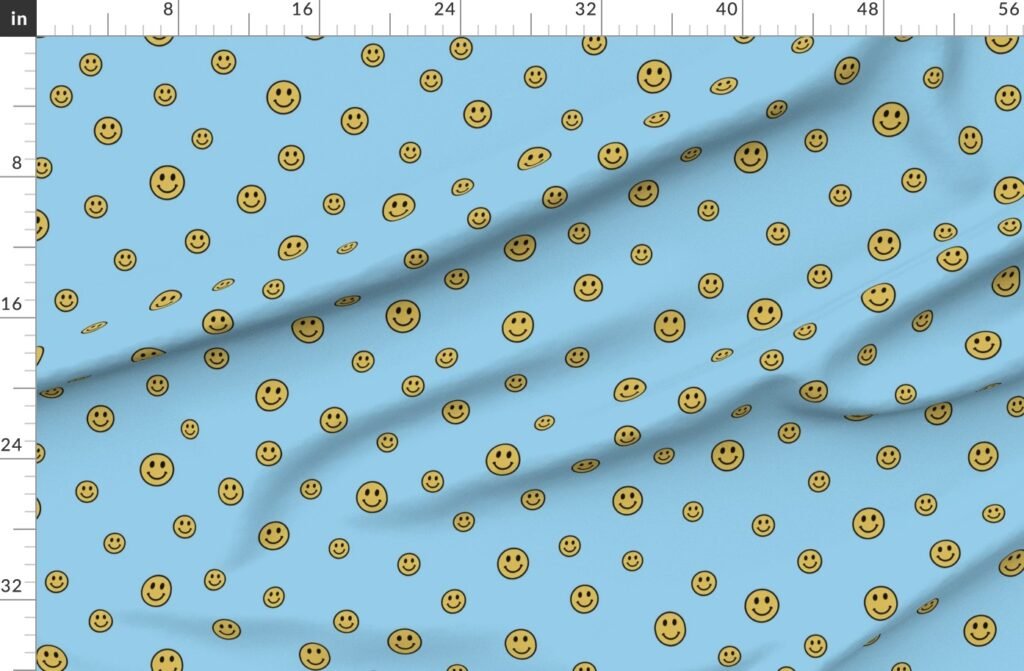 Retro Yellow Smiley Faces on Sky Blue Fabric design