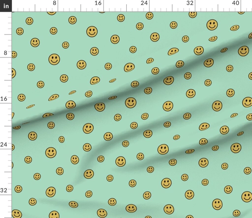 Retro Yellow Smiley Faces on Mint Green Fabric design