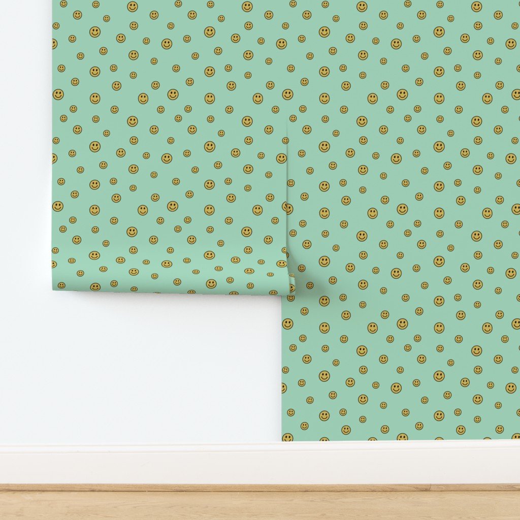 Retro Yellow Smiley Faces on Mint Green Wallpaper design
