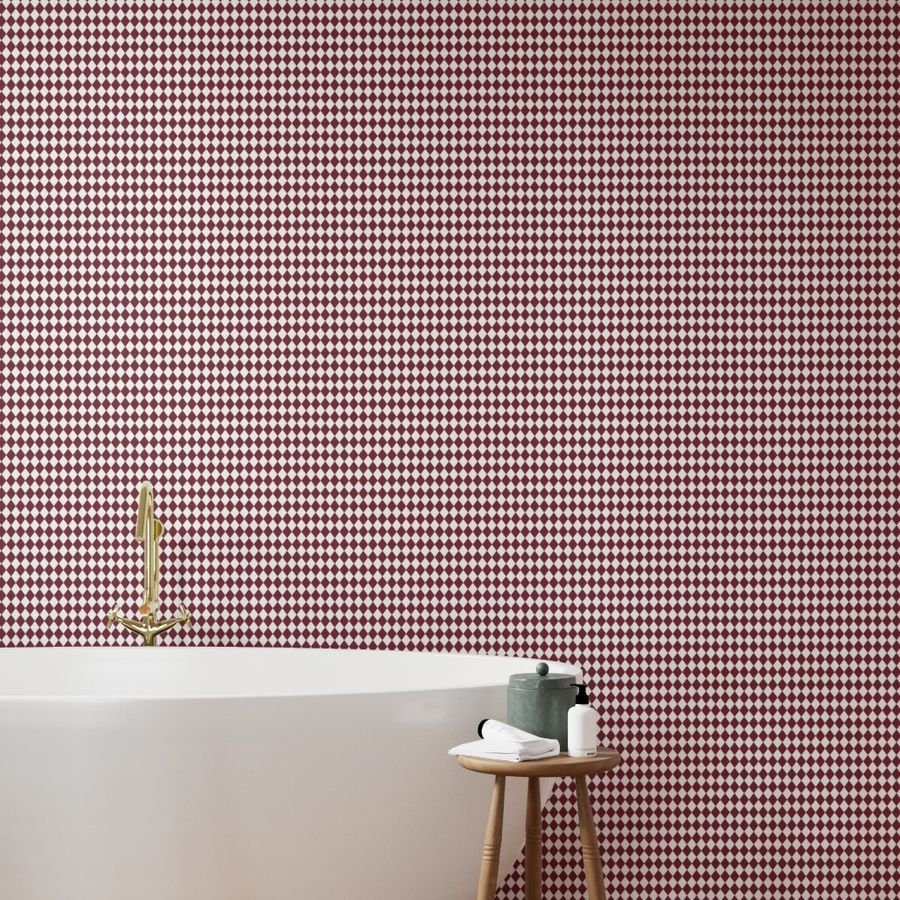 Small Wine and White Diamond Harlequin Check Pattern Wallpaper diamond patterned wallpaper