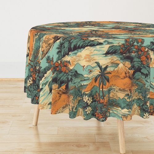 Vintage Hawaiian Landscape Teal Interior Collection Home Styling Collection teal landscape tablecloth design