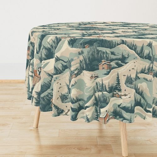 Vintage Ski Slope Blue Interior Collection Decor Collection winter scene tablecloth design