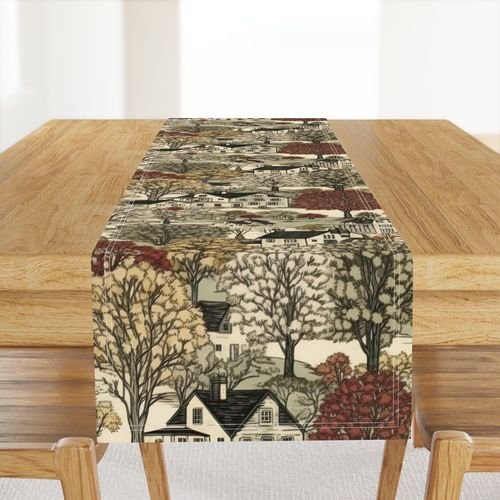 New England Village Houses with Trees in Muted Colors Home Styling Collection Decor Collection village scene table runner design
