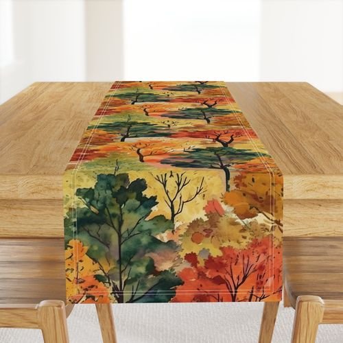 Watercolor of New England Endless Forest Fall Trees Home Styling Collection Interior Collection autumnal garden table runner design