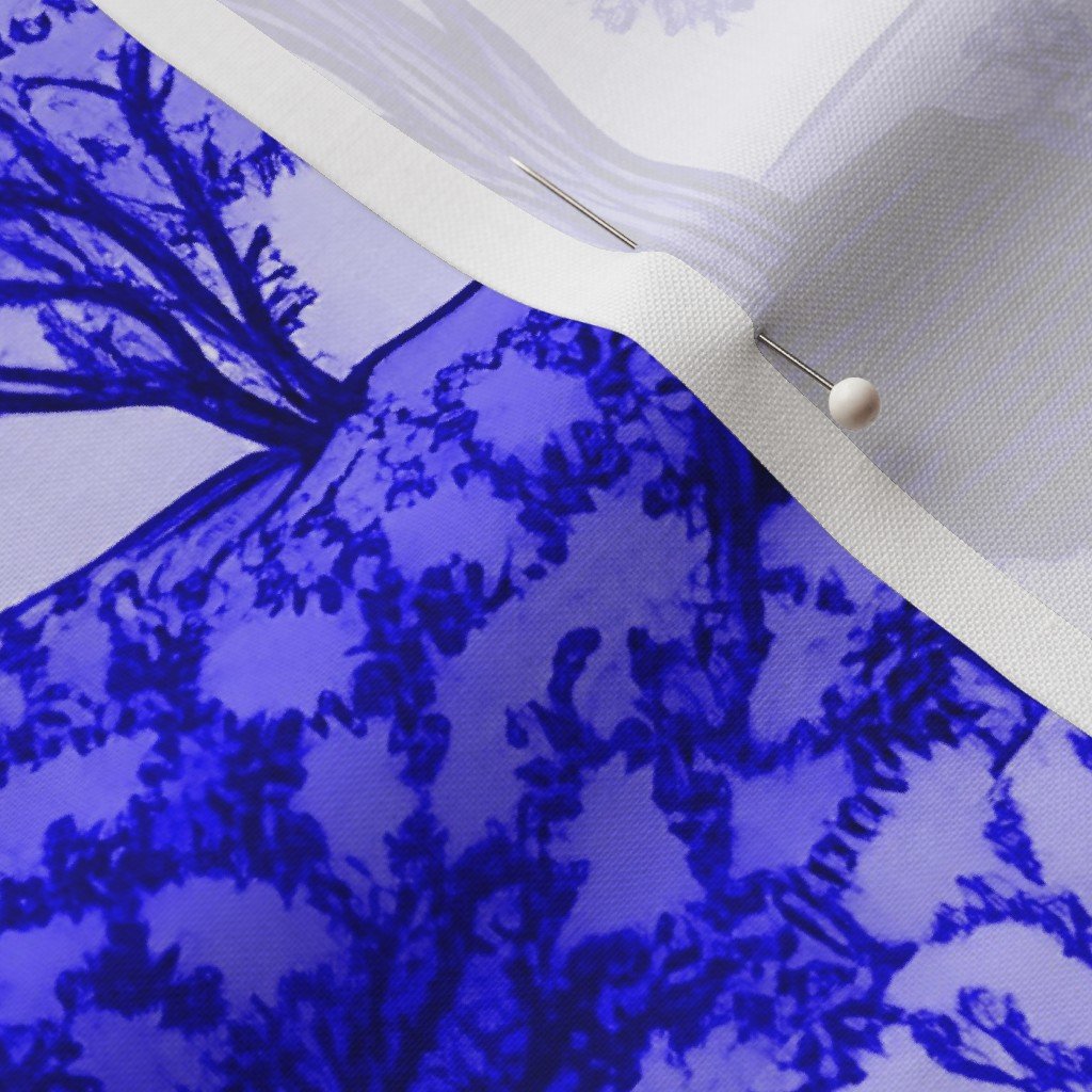 New England Village Houses with Trees in Royal Blue Porcelain Glaze Fabric new england trees fabric