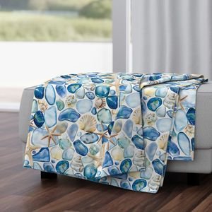 Blue and Sand Seashells and Shards of Tumbled and Scattered Watercolor Home Decor Collection Home Decor Collection blue seaglass throw blanket design