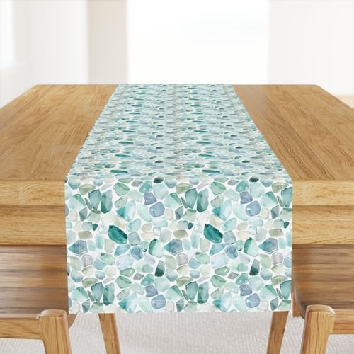 Small Blue and Aqua Shards of Tumbled and Scattered Watercolor Seaglass Home Styling Collection Design Collection green table runner design