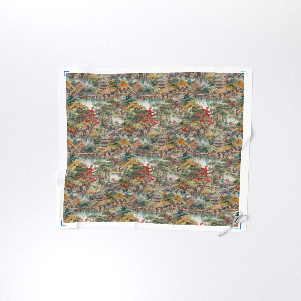 Small Japanese Water Garden Watercolor with Temples Home Styling Collection Design Collection red trees fabric