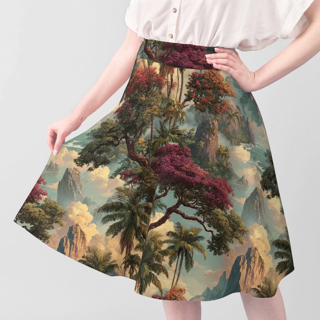 Vintage Hawaiian Watercolor Landscape with Misty Mountains and Palms Decor Collection Home Styling Collection flowers fabric