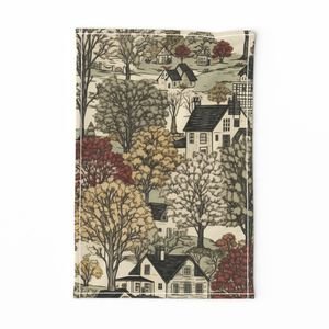 New England Village Houses with Trees in Muted Colors Home Styling Collection Decor Collection village trees tea towel design