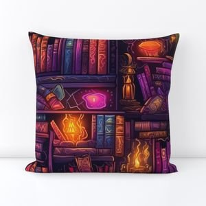 Witch Spooky Neon Halloween Books on Library Spell Book Shelf Home Decor Collection Decor Collection halloween spells throw pillow design