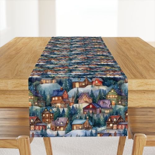 Small Christmas Rustic Country Winter Cabins Watercolor Home Decor Collection Decor Collection christmas cabins table runner design