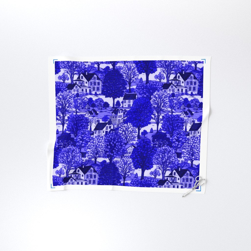 New England Village Houses with Trees in Royal Blue Porcelain Glaze Fabric new england garden fabric
