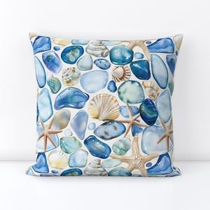Blue and Sand Seashells and Shards of Tumbled and Scattered Watercolor Home Decor Collection Home Decor Collection sand shell throw pillow design