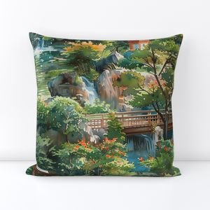 Eden of Tranquility A Japanese Water Garden Paradise Home Styling Collection Design Collection waterfalls scene throw pillow design