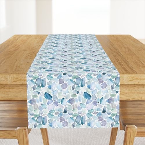 Small Blue and Lilac Shards of Tumbled and Scattered Watercolor Seaglass Decor Collection Home Styling Collection soft gradients table runner design
