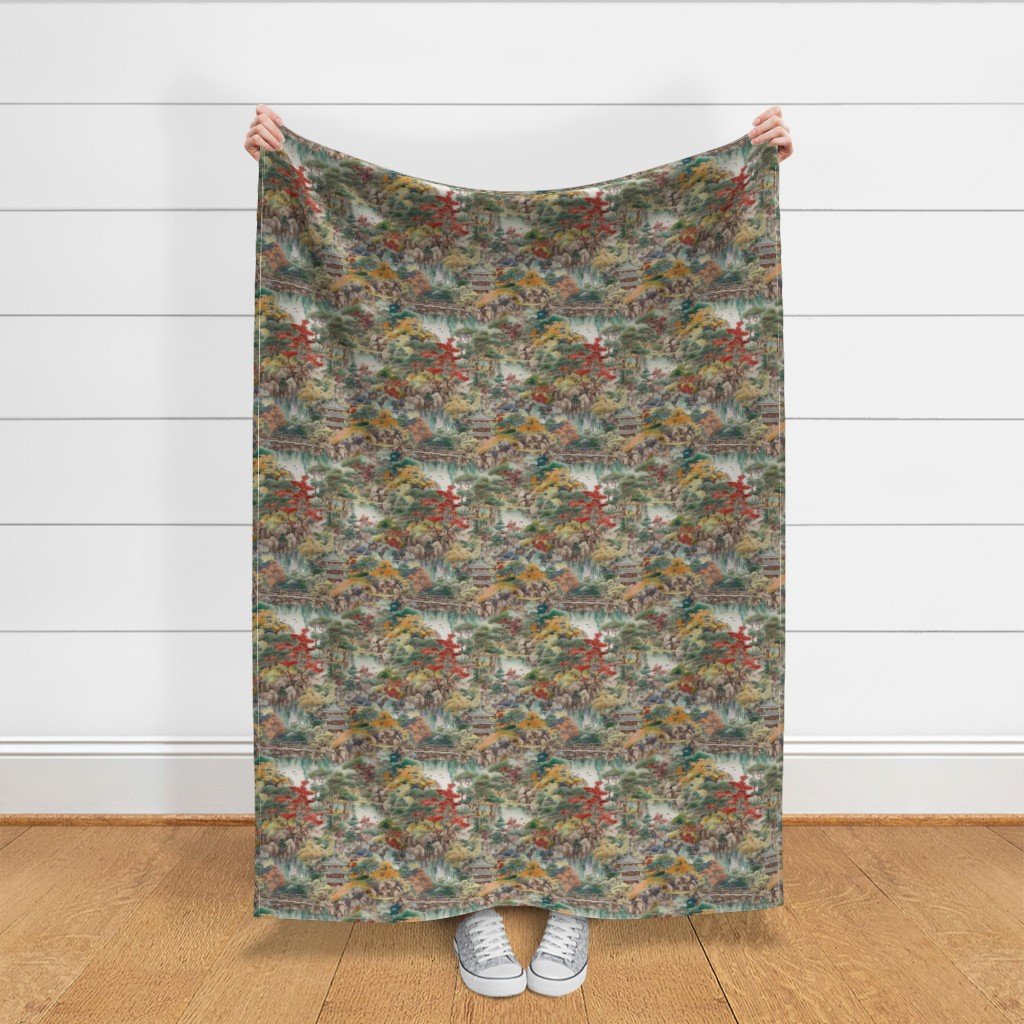 Small Japanese Water Garden Watercolor with Temples Home Styling Collection Design Collection yellow trees fabric
