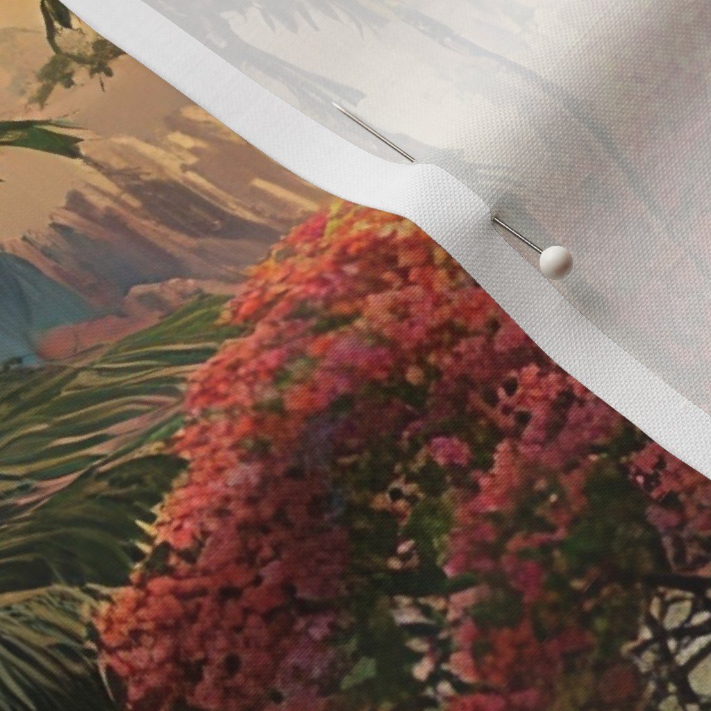 Vintage Hawaiian Watercolor Landscape with Misty Mountains and Palms Decor Collection Home Styling Collection hawaiian fabric