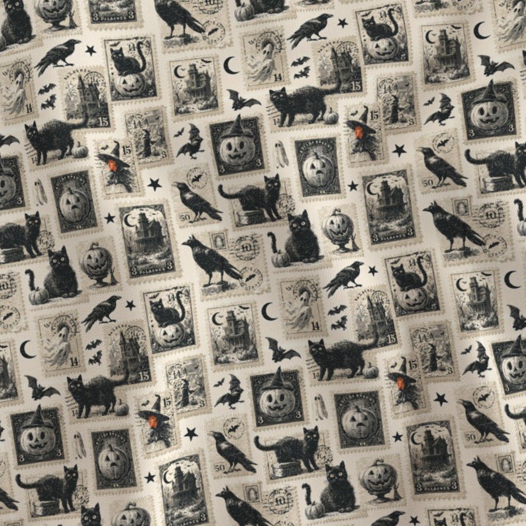 Vintage Halloween Postage Stamps with Black Cats and Pumpkins Design Collection Decor Collection postage stamps fabric