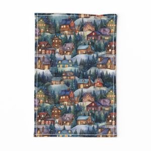 Small Christmas Rustic Country Winter Cabins Watercolor Home Decor Collection Decor Collection christmas scene tea towel design