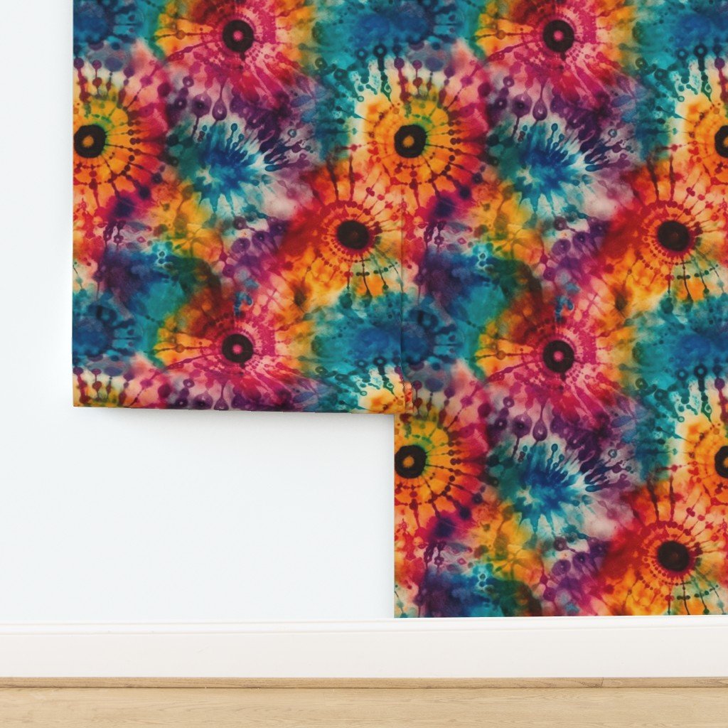 Jumbo Tie Dye Batik in Bright Multi Rainbow Colors Circling Swirls Interior Collection Home Styling Collection rainbow batik wallpaper