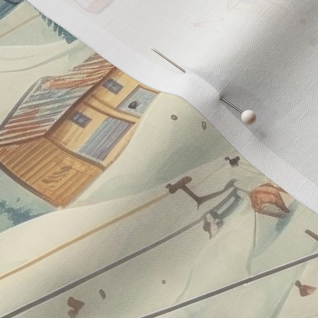 Vintage Ski Slope Cabins in Soft Pastels Fabric skiiing scene fabric