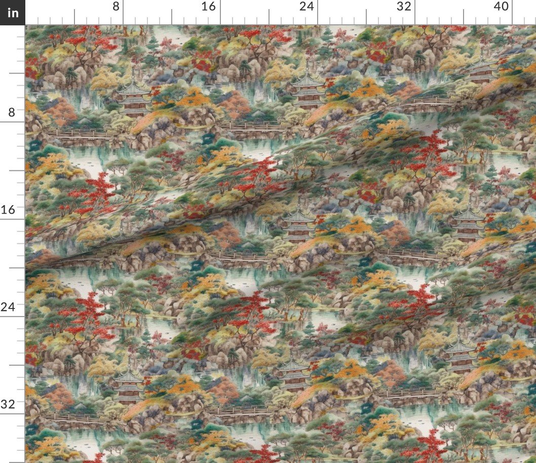 Small Japanese Water Garden Watercolor with Temples Home Styling Collection Design Collection autumn fabric