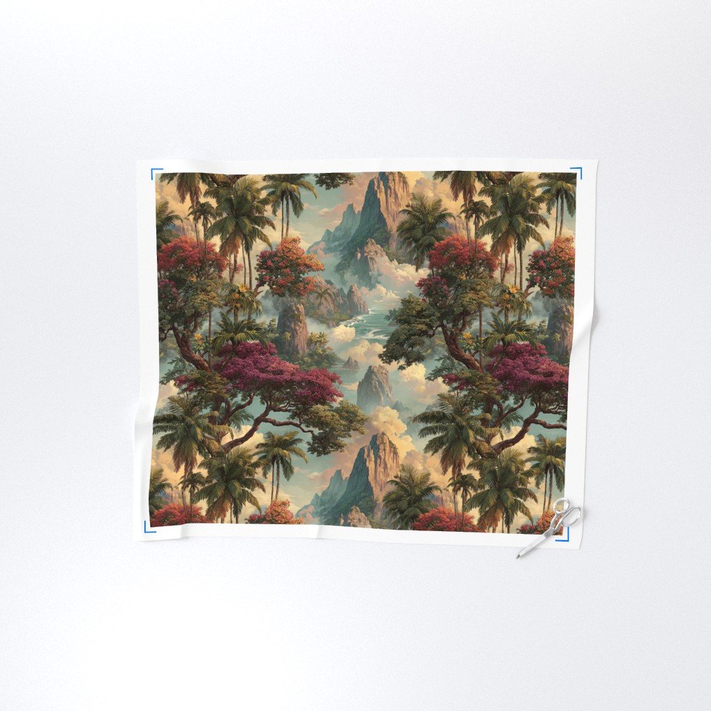Vintage Hawaiian Watercolor Landscape with Misty Mountains and Palms Decor Collection Home Styling Collection island fabric