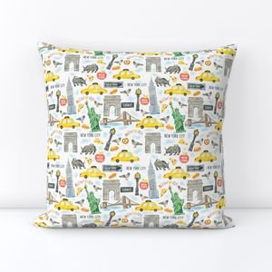 New York City Watercolor Motifs with Empire State and Statue of Liberty Home Decor Collection Interior Collection yellow taxi throw pillow design
