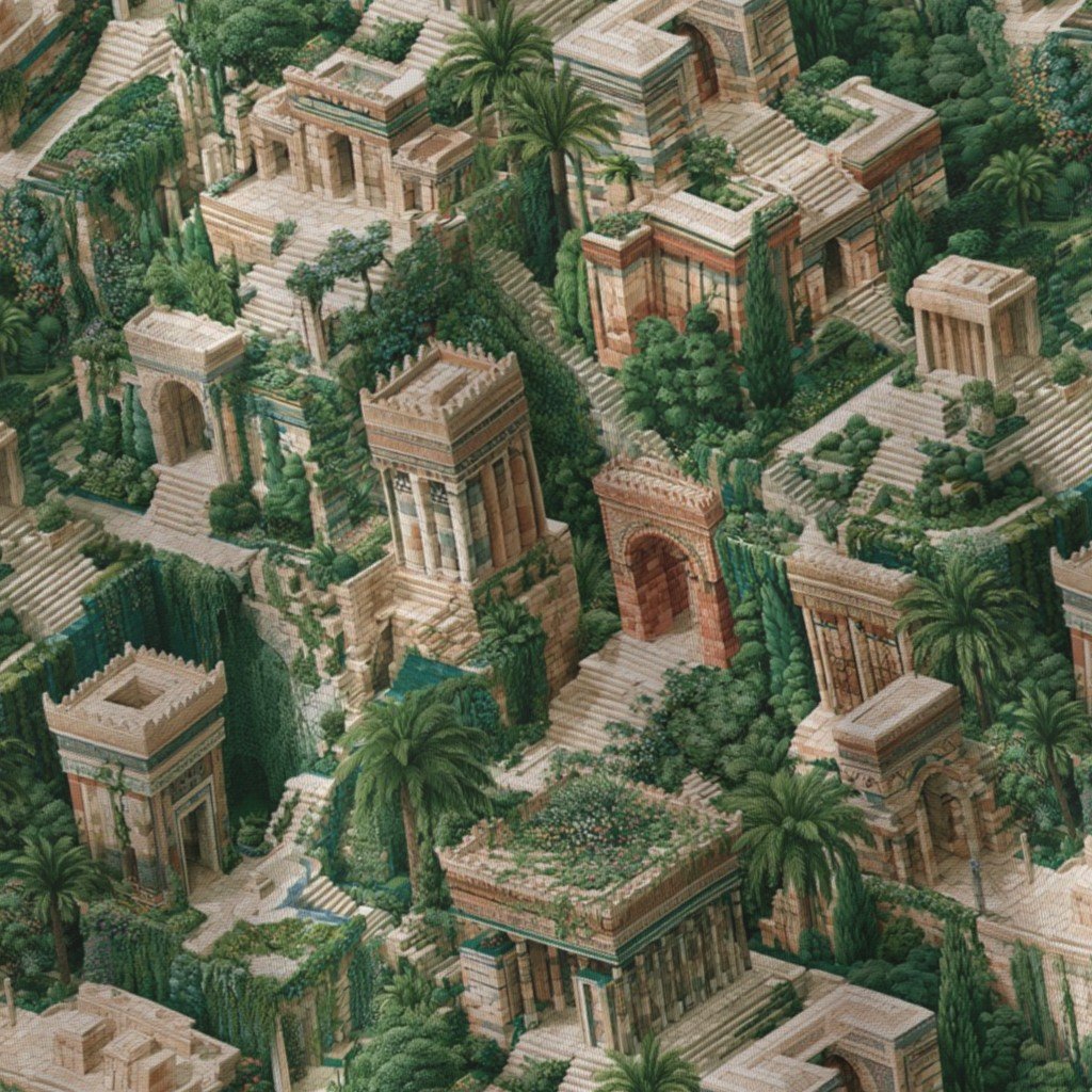 Hanging Gardens Of Babylon Watercolor Architectural Landscape Isometric Home Decor Collection Home Styling Collection architecture fabric