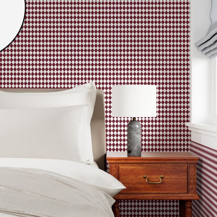 Small Wine and White Diamond Harlequin Check Pattern Wallpaper wine and white wallpaper