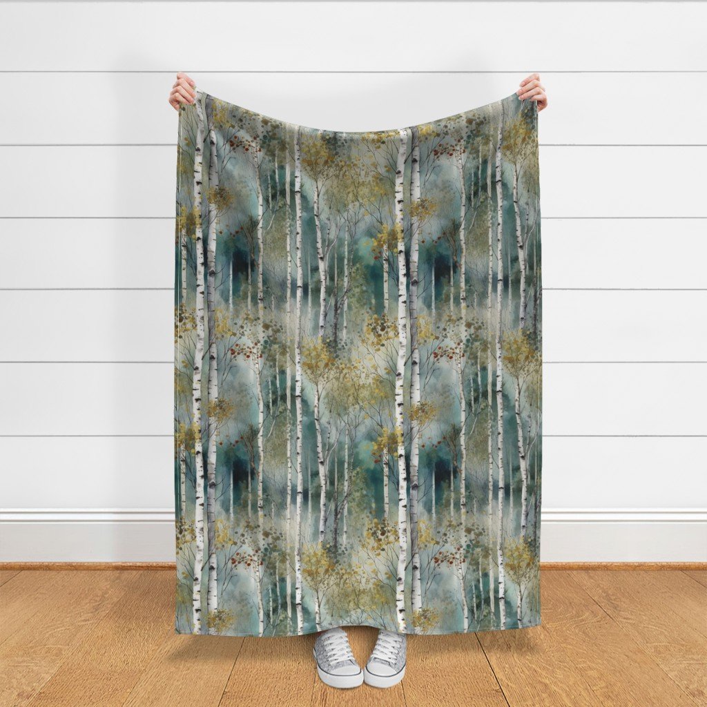 Endless Birch Tree Dreamscape Trees in Misty Forest Watercolor Design Collection Home Decor Collection seamless trees fabric