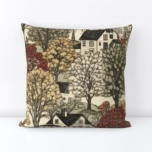 New England Village Houses with Trees in Muted Colors Home Styling Collection Decor Collection new england forest throw pillow design