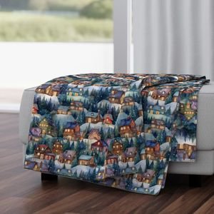 Small Christmas Rustic Country Winter Cabins Watercolor Home Decor Collection Decor Collection christmas village throw blanket design