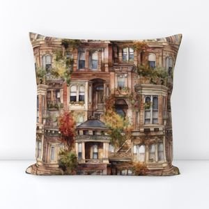 Brownstone Buildings in Varied Tones of Brown Watercolor Design Collection Interior Collection bay windows throw pillow design