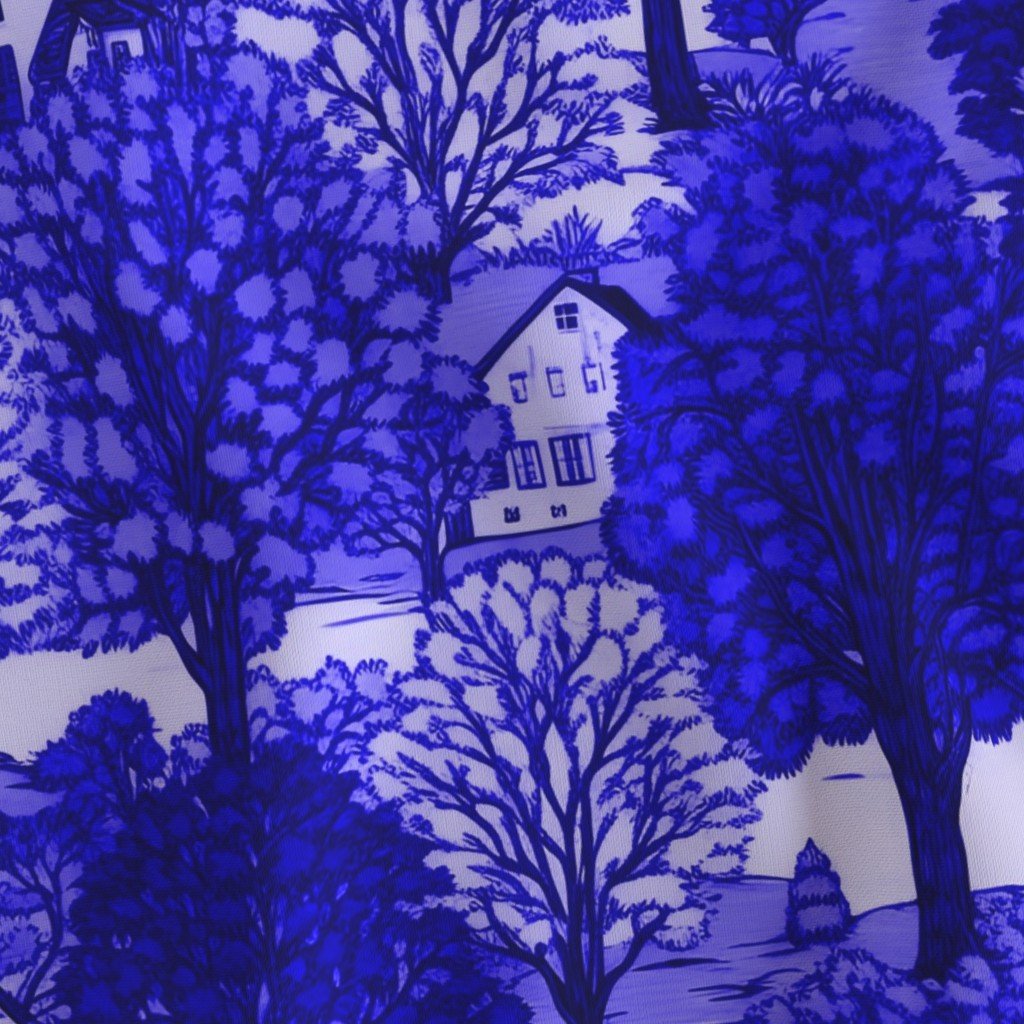 New England Village Houses with Trees in Royal Blue Porcelain Glaze Fabric new england village fabric