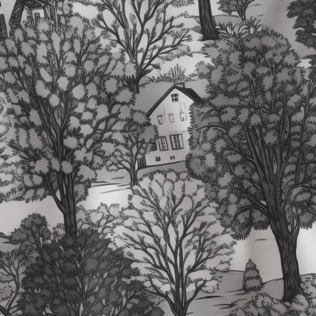 New England Village Houses with Trees Grey Porcelain Glaze Fabric new england forest fabric