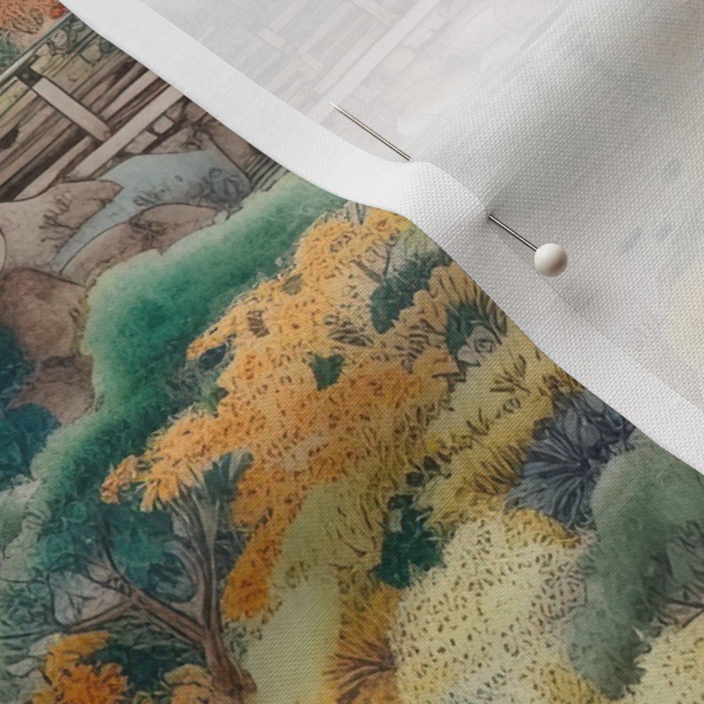 Small Japanese Water Garden Watercolor with Temples Home Styling Collection Design Collection asian landscape fabric