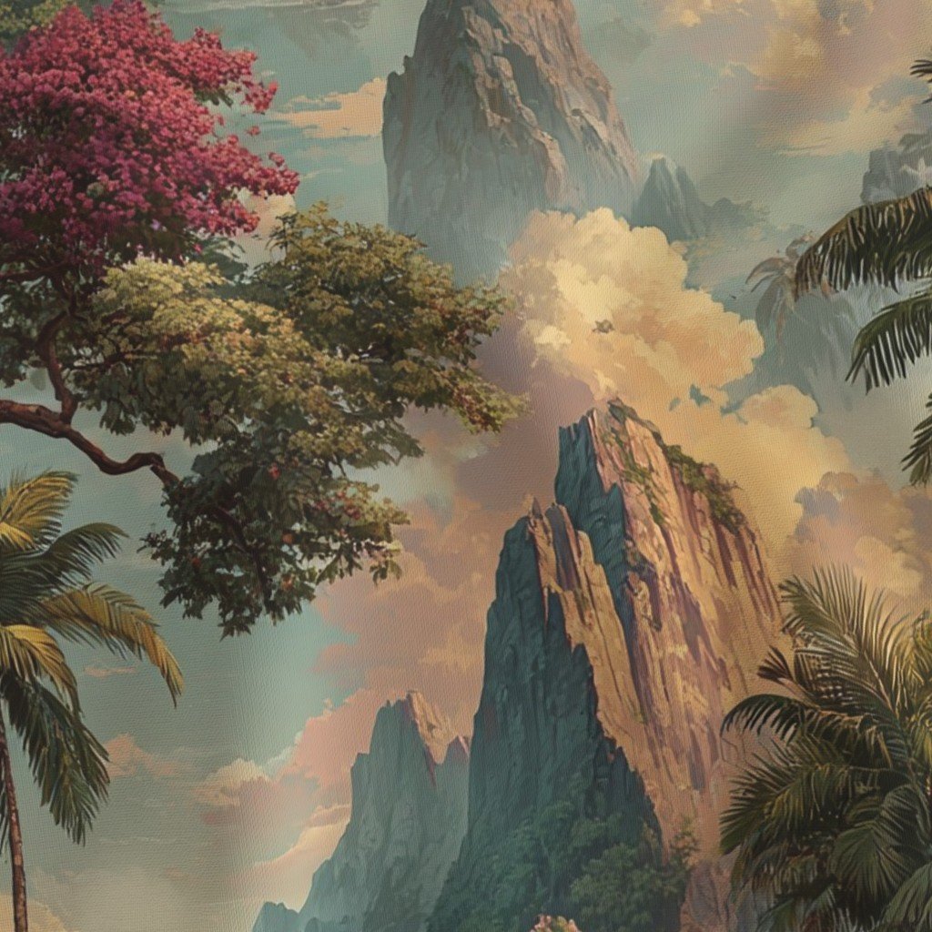 Vintage Hawaiian Watercolor Landscape with Misty Mountains and Palms Decor Collection Home Styling Collection coastal fabric