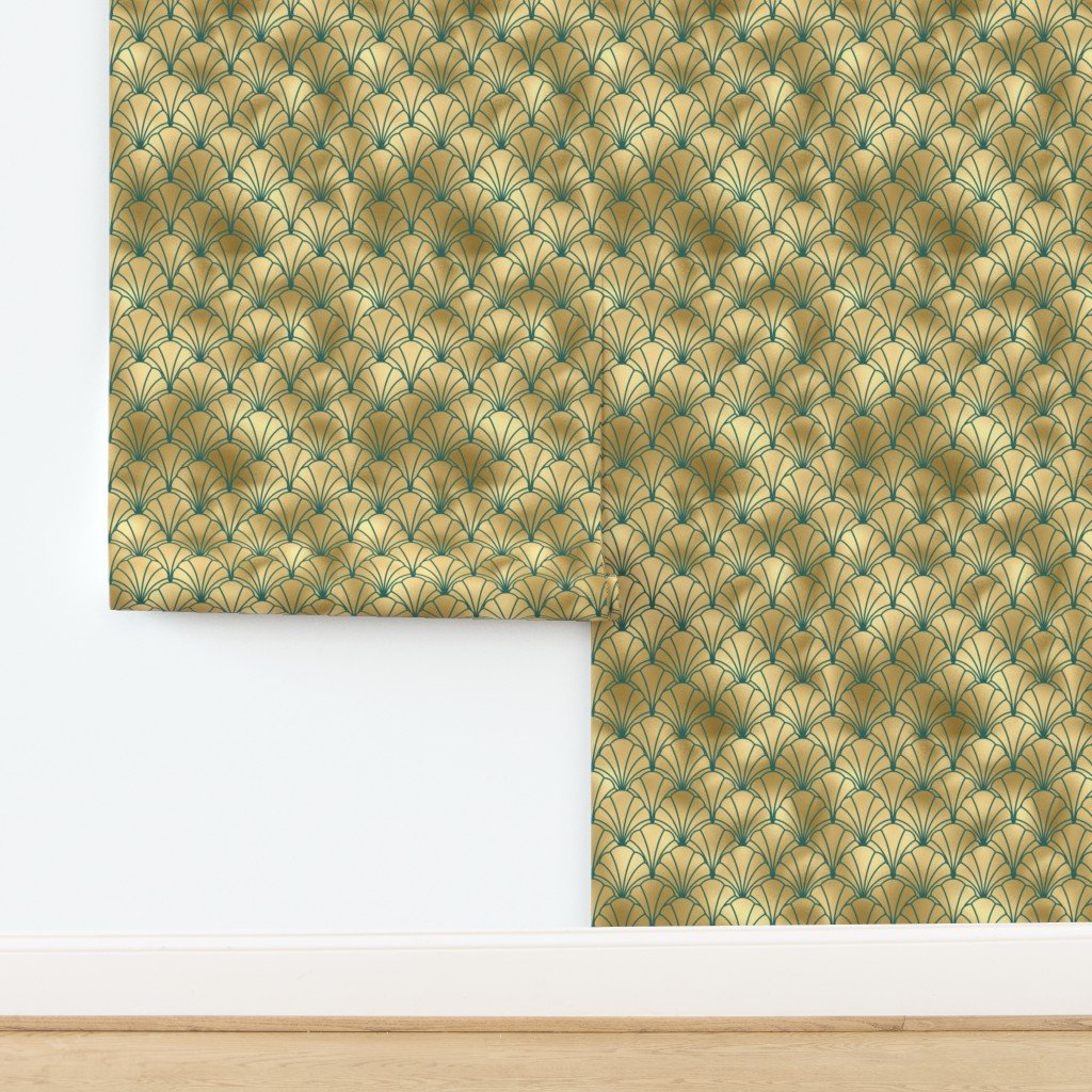 Teal and Faux Gold Foil Vintage Art Deco Scallop Shell Pattern Home Decor Collection Design Collection gold foil wallpaper