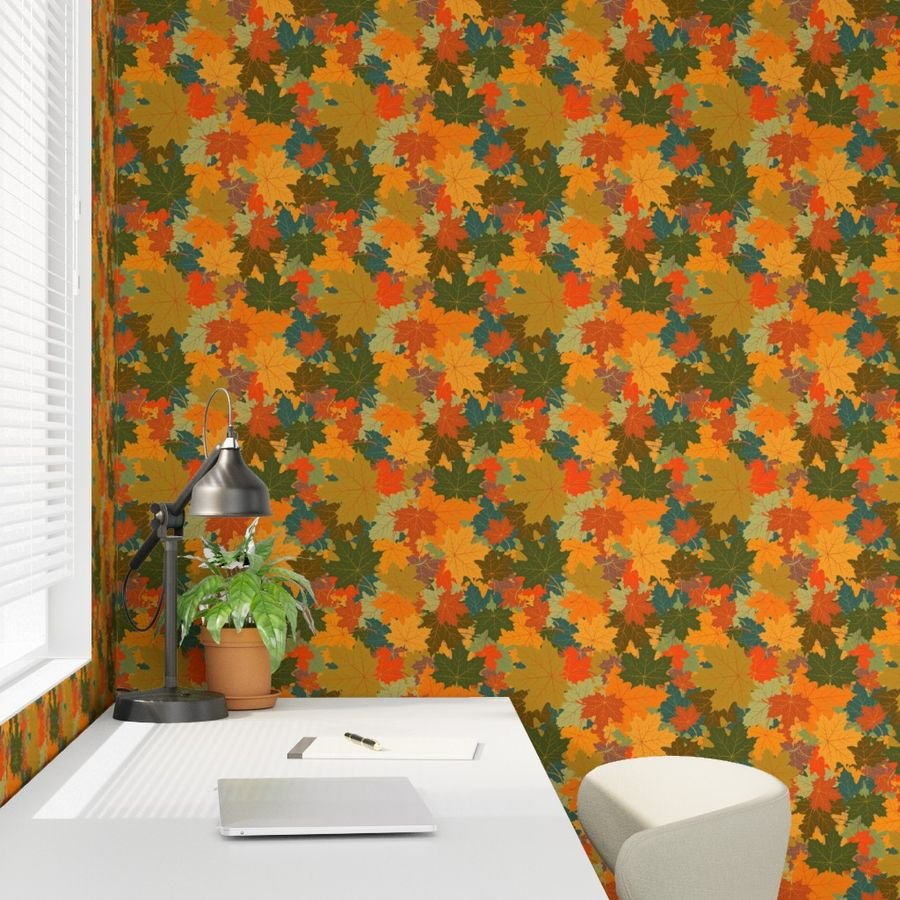 Smaller Autumn Leaves Scattered in Gold Red Brown and Green Design Collection Home Styling Collection autumn leaves wallpaper