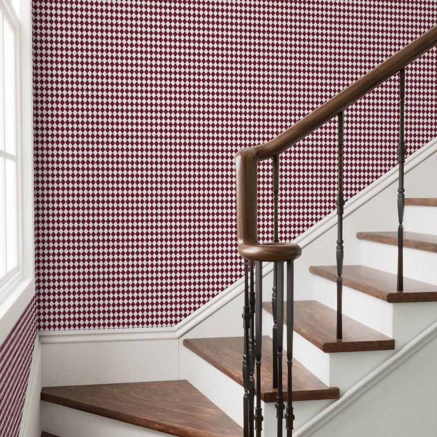 Small Wine and White Diamond Harlequin Check Pattern Wallpaper wine diamond wallpaper